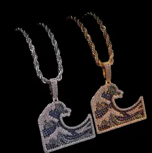 Colorful Iced Out Wave Pendant for Men - Fashion Accessory, Gold/Silver, 24in Rope Chain, Artistic Drip Jewelry Gift Box & Cloth Included