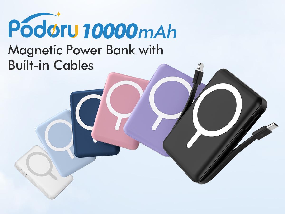 Podoru Multifunctional 10000mAh Power Bank, Wireless Magnetic Travel Charger Built-in USB C Lighting Cable, MagSafe for iPhone 17/16/15/14/13/12 Series