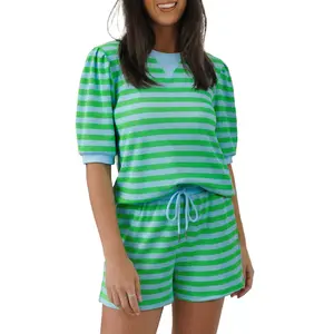 Znacicc Women’s Trendy Green Stripe Puff Sleeve 2-Piece Set Matching Top & High-Waisted Drawstring Shorts for Lounging at Home or Casual Errands Clothes Womenswear