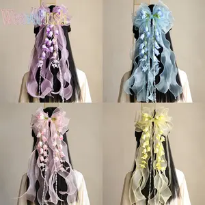 New Spring Bow Lily of the Valley Hair Clips, Sweet Cute Long Streamer Hair Accessories for Girls, Elegant Floral Bow Hairpins, Vintage Stylish Hair Decor for Daily Casual Outfits, Traditional Style Matching Ornaments for Photo Shoot Party Holiday Dress U