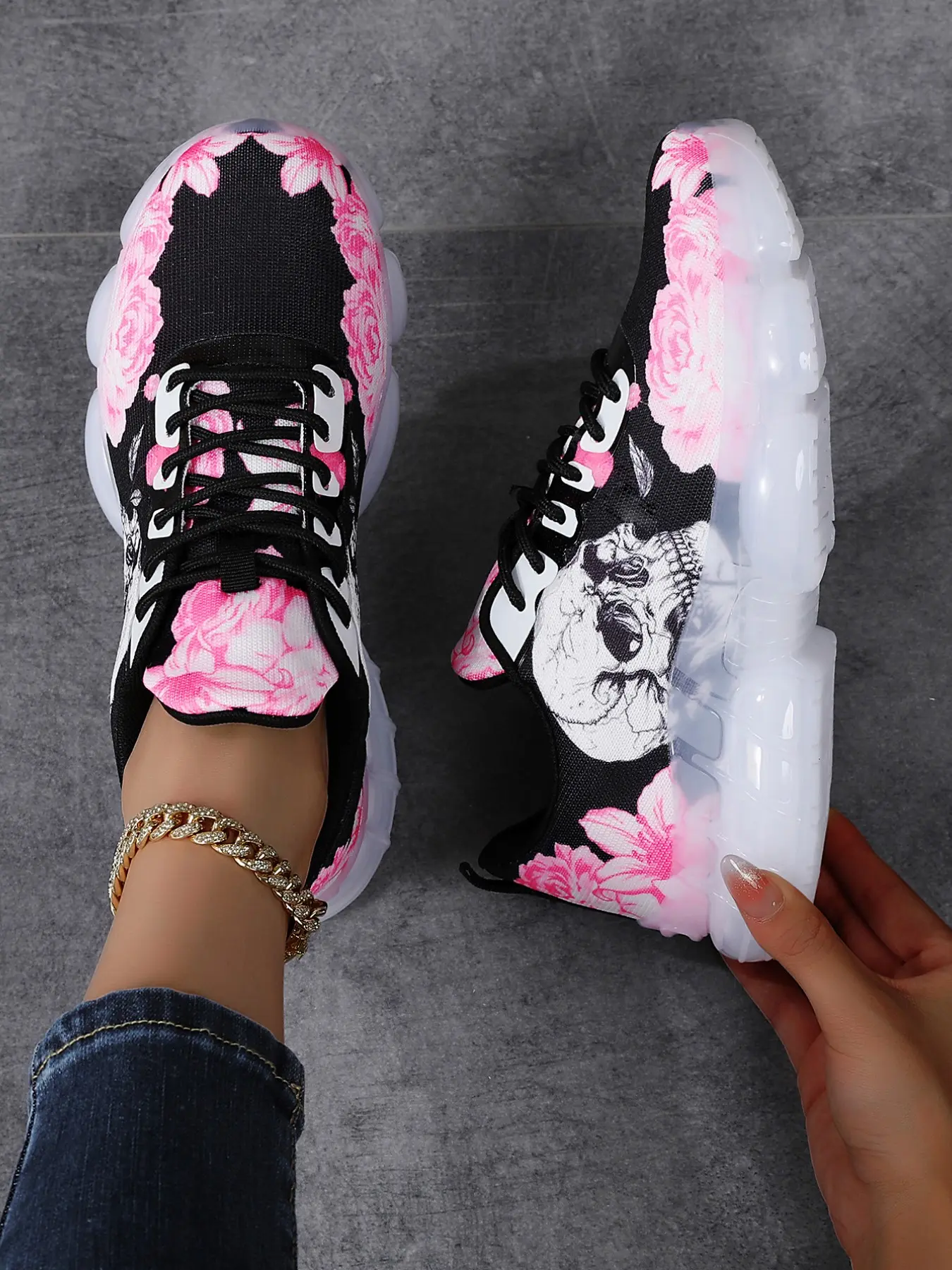 Women's Rose & Skeleton Print Lace Up Sneakers, Casual Comfortable Thick-soled Height-increasing Chunky Sneakers, Outdoor Travel Training Shoes, Stylish Sneaker