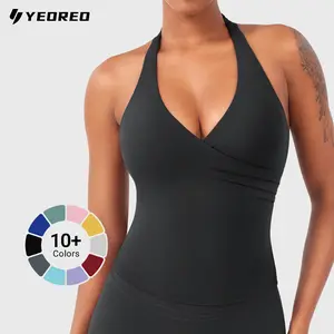 YEOREO Womens Halter Tank Tops Workout Impact Longline Strappy Top Padded Deep V Neck Wrap Gym Backless Bra Camisole