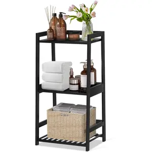 Three-tier bamboo bathroom shelf, storage ladder rack, rustic style home organizer, space-saving design, stylish display nightstand, suitable for home, living room, and kitchen as a fashionable storage solution