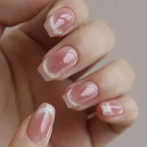 24pcs Short Ballerina Fake Nails Simple Gradient Blush Design Press on Nails French Cat Eye False Nails Versatile Style Removable Manicure