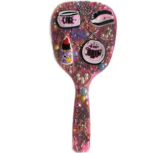 JUNK Handheld Mirror with Decorative Features, Pink Handle, and Various Illustrations Mini