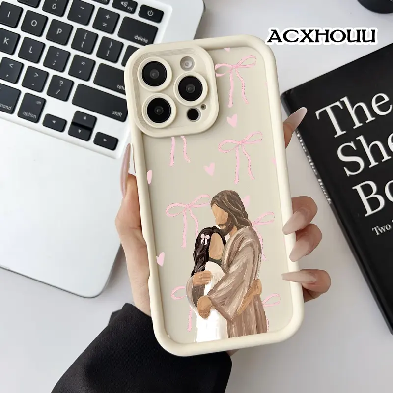 Softcase for iPhone 17 16 E Pro Max 15 Plus 14 13 12 11 XS XR Jesus Hug in Pink Shockproof Silicone Lightweight Anti-Scratch Cover