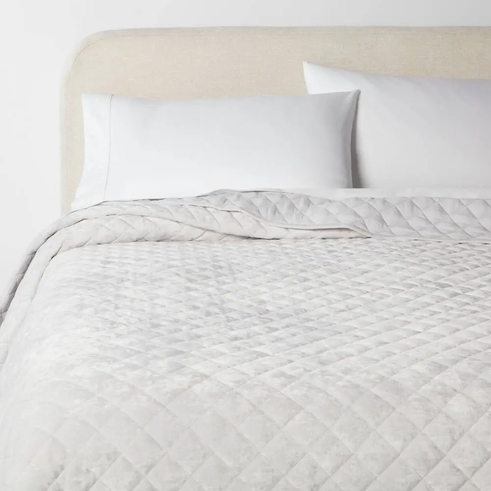 King Luxe Diamond Stitched Pattern Velvet Quilt - Light Gray Home Bedding, Threshold, OEKO-TEX Cert. Polyester Fill, Machine Washable