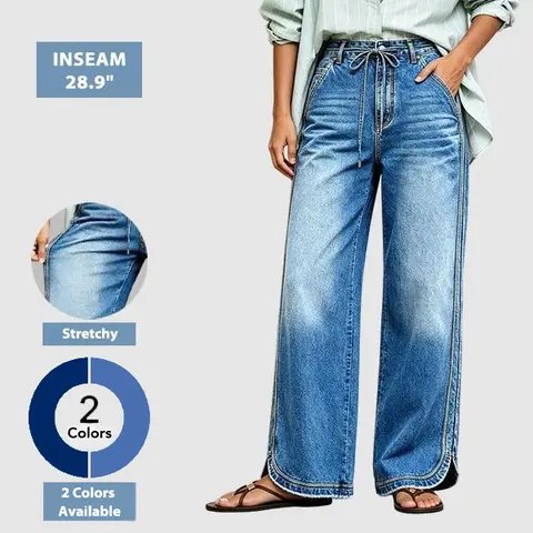 Flamingals Wash Raw Hem Drawstring Split Mid Waist Wide Leg Jeans Stretchy 28.9'' Inseam
