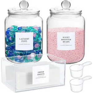 Glass Jars and Dryer Sheet Holder, Dispenser Set with Lids and Labels, Containers for Laundry Room Organization and Storage, Half Gallon Airtight Glass jars, Acrylic Storage Box for Laundry supplies,