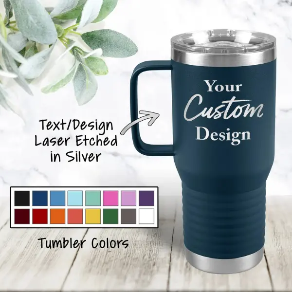Personalized 20oz Tumbler with Handle, Custom Laser Engraved Stainless Steel Travel Mug, Insulated Silver Metallic Cup Gift