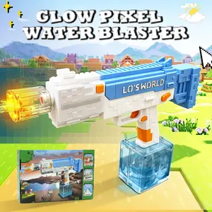 Pixel Brick Electric Water Gun with LED Light - Summer Automatic Water Blaster for Kids Adults, Rechargeable Water Squirt Gun for Pool Beach Party Outdoor Water Fight Toys