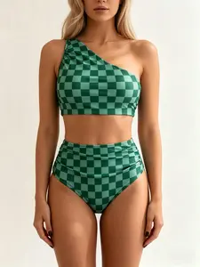 ActiveFury | Green Checkerboard One-Shoulder High-Waisted Bikini Set, Perfect for Vacation Swimwear for Women, Combining One-Shoulder Bikini Top and High-Waisted Bottom Styles – Cute and Confident Women’s Swimwear Outfit