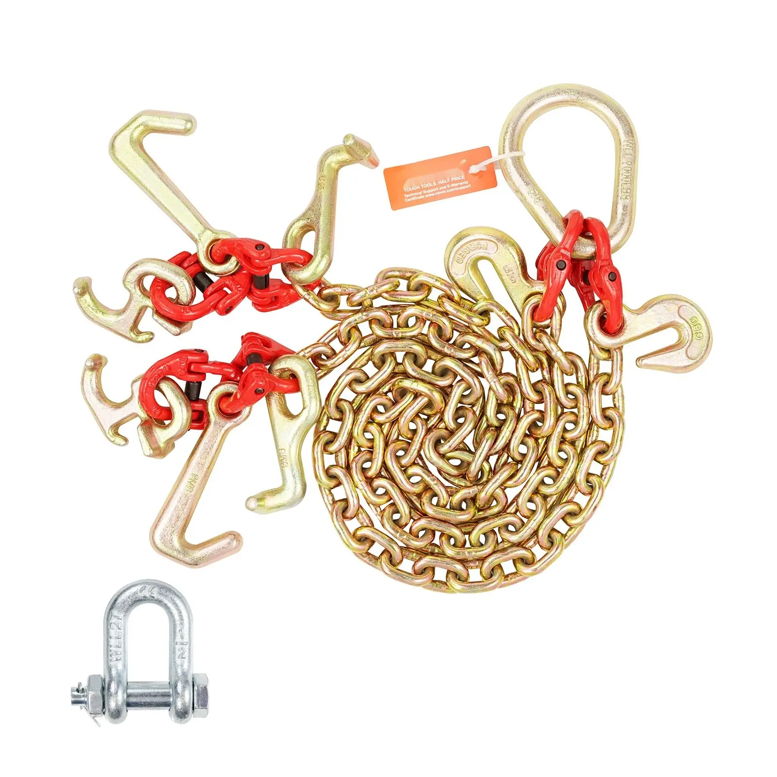 5/16 Inch By 3 Foot G80 Tow Chain V-Chain Bridle With RTJ And Grab Hooks For Heavy Duty Vehicle Recovery And Wrecker Towing, 10,800 Lbs Working Load Limit, Breaking Strength, Suitable For Trucks Trailers And Recovery Operations