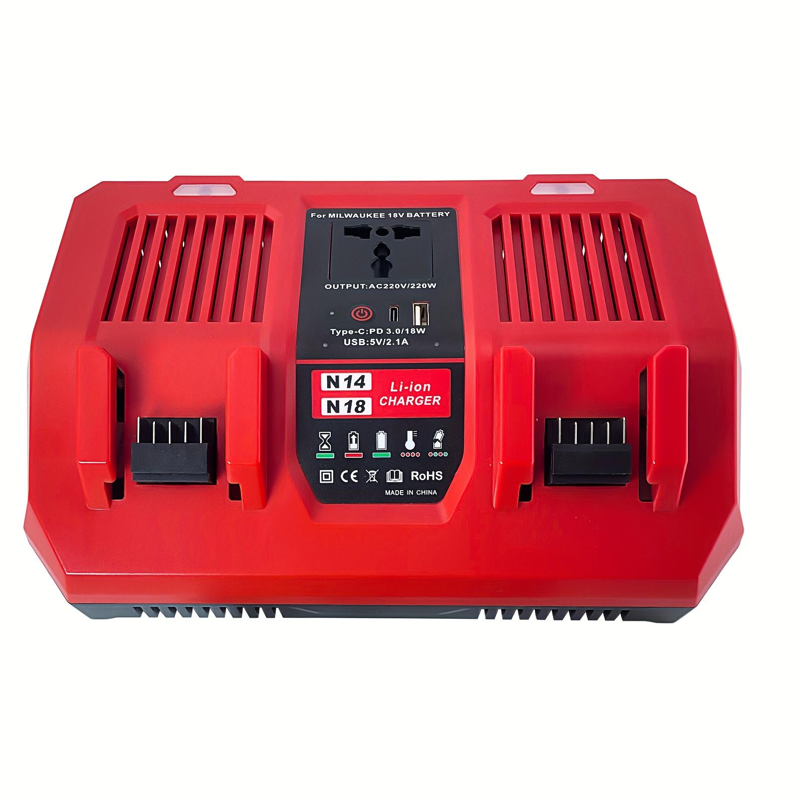 Dual Battery Charger Fit for Milwaukee M18 18V, 8A Fast Charging Station with 220W AC Inverter, Type-C & USB-A Ports, Compatible with Milwaukee M18 14.4V/18V Lithium Battery, Dual Port Simultaneous Charger for Power Tools
