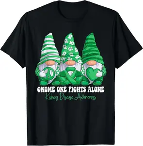 Kidney Disease Awareness Month Green Ribbon Gnomies Support T-Shirt