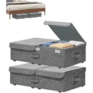 Bed Container with Wheels, 2 Pack 5.5" High Deep Underbed Rolling Box Bins Drawers with Lids for Bedroom, Dorms, Clothes, Shoes,, No Assemble Required, Gray