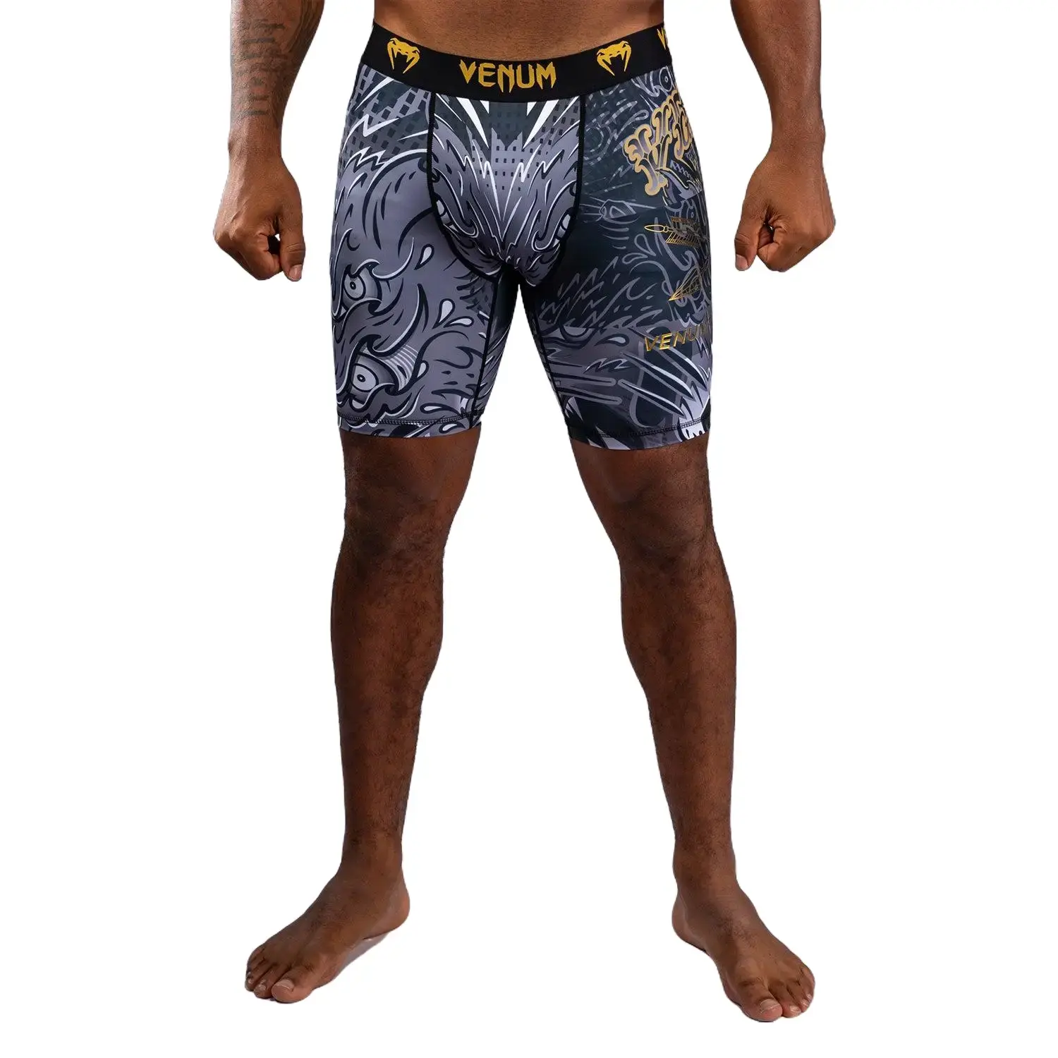 Venum Wolf Atak Vale Tudo Shorts - Black/Grey, Lightweight Athletic Compression Shorts with Second Skin Fit for Training & Combat Sport