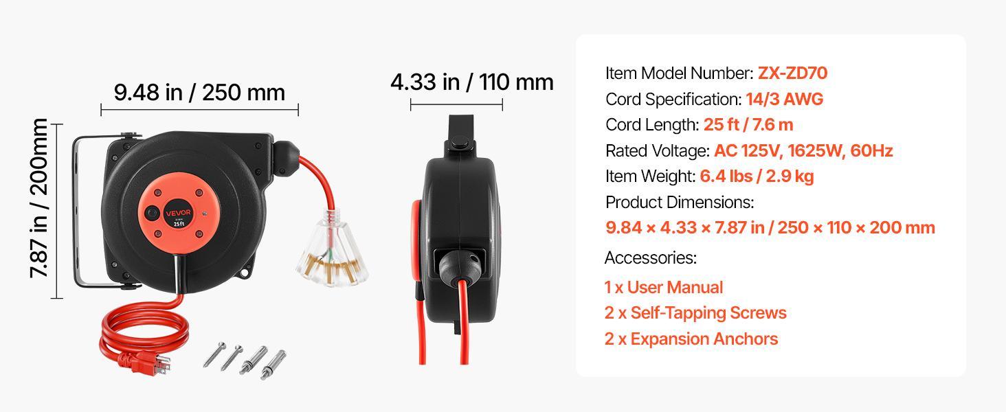 【BackToSchool】VEVOR Retractable Extension Cord Reel 25FT Heavy Duty 14AWG/3C SJTOW Red, for Ceiling/Wall Mount, 13A Circuit Breaker, Automatic Retractable Power Cord, Lighted Triple Tap, with 180° Swivel Bracket 【BackToSchool】VEVOR Retractable Extension Cord Reel 25FT Heavy Duty 14AWG/3C SJTOW Red, for Ceiling/Wall Mount, 13A Circuit Breaker, Automatic Retractable Power Cord, Lighted Triple Tap, with 180° Swivel Bracket