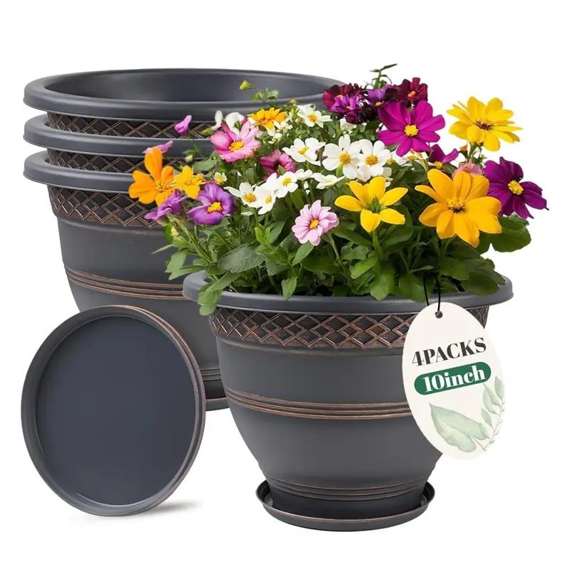 10 Inch 4 Pack Plant Pots, Plastic Flower Pot for Indoor & Outdoor with  Drainage Holes & Saucer, Plaid Pattern Planters Garden Pots for Herbs -  TikTok Shop