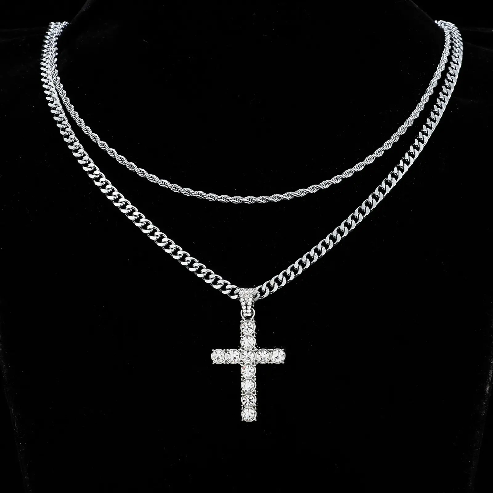 Double Pendant Necklace| 12MM Miami Cuban Link Chain with Adjustable Layered Design for Hip-Hop Streetwear Layered Virgin Mary Zirconia Crucifix Pendant Set for Fall Fashion Stainless Steel Cross Pendant Necklace Set Unisex Stainless Steel Cross Necklace