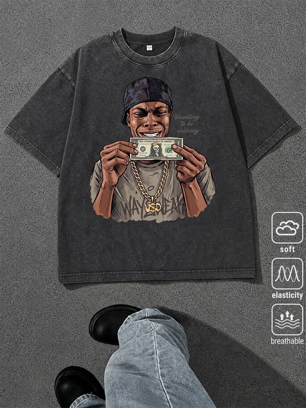 Retro Atomic Washed Oversized T-Shirt Dad Shirt Men's Hooded Figure Banknote Graphic Tee Heavyweight Cotton Crewneck Casual Streetwear Short Sleeve Shirt