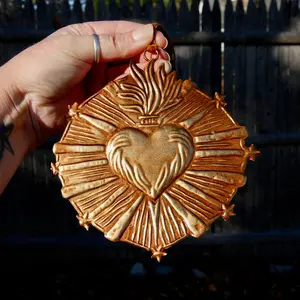 6" Starry Sacred Heart Ex Voto Ornament, Antiqued Gold Flaming Heart Milagro