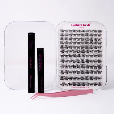 EndureLash Self-Stick Lash Clusters Cosmetic Kit - Volumized False Eyelashes, Classic, Wispy, Vixen, Glam Styles, DIY Customizable, Reusable, Lightweight, 8-16mm Deep Matte Black, Eyelash Beginner Kit with Bonder, Sealer, Remover, Applicator, Tweezer