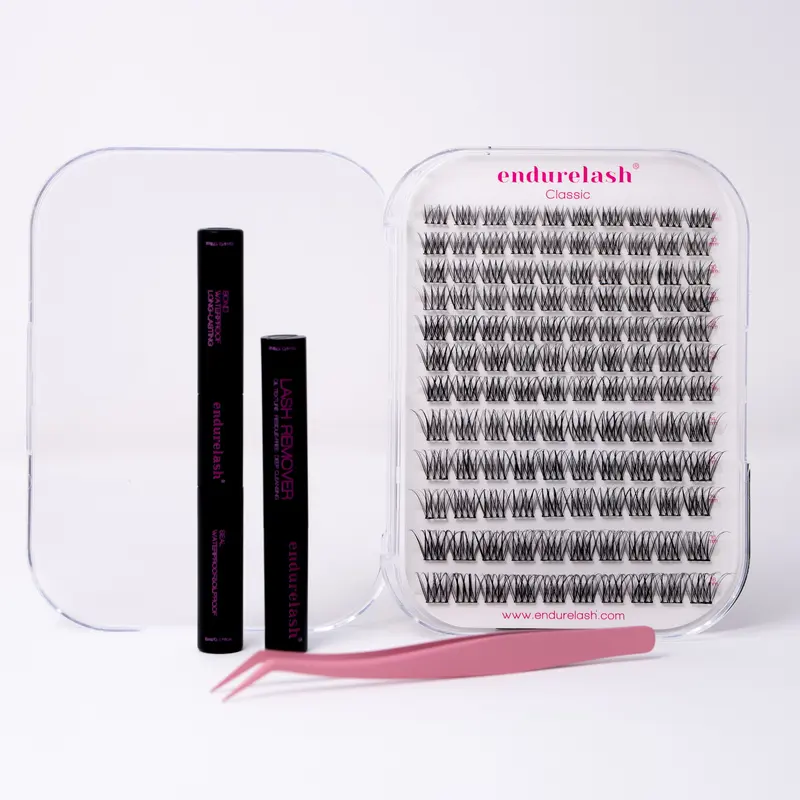 EndureLash Self-Stick Lash Clusters Cosmetic Kit - Volumized False Eyelashes, Classic, Wispy, Vixen, Glam Styles, DIY Customizable, Reusable, Lightweight, 8-16mm Deep Matte Black, Eyelash Beginner Kit with Bonder, Sealer, Remover, Applicator, Tweezer