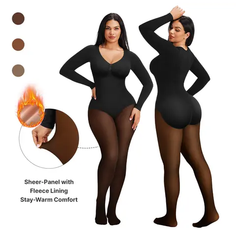 SHAPELLX Sheer-Panel Fleece-Lined Bodysuit | Tummy Control & Butt Lift | 3 Sheer Shades