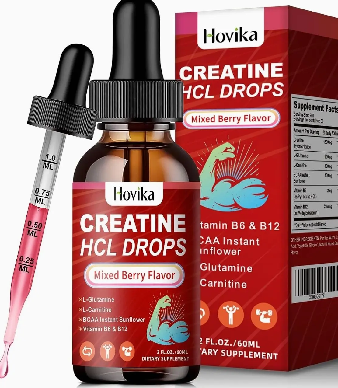 Creatine HCL Liquid Drops for Men & Women, Creatine Hydrochloride with L-Carnitine, L-Glutamine, BCAA, Vitamin B12 & B6 for Muscle Growth & Recovery-Vegan, Mixed Berry Flavor Flavor, 2 Fl Oz