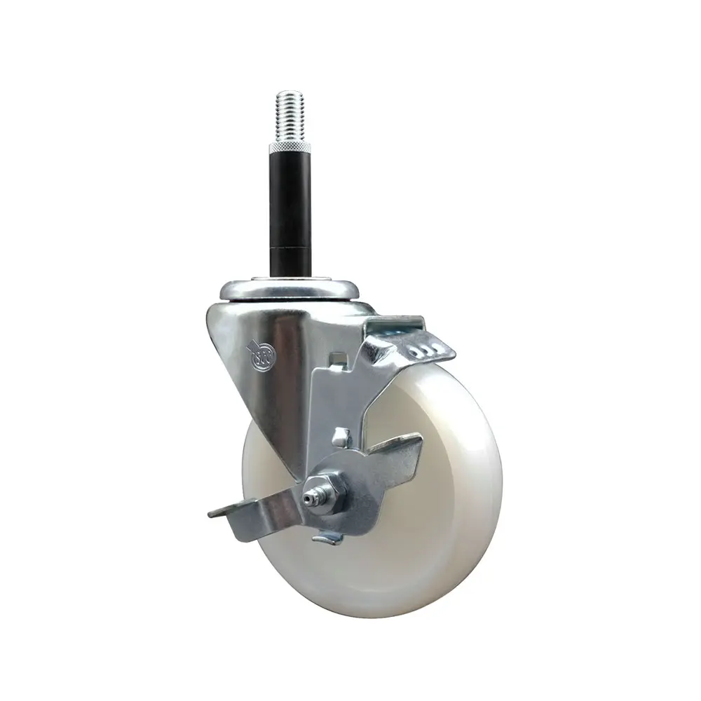 Series #20 SCC-EX20S414-NYS-TLB-34 Nylon Expanding Stem Swivel Casters, 4 in. White Nylon Wheel, 0.75 in. Stem, Top Locking Brake, Bright Zinc Plated Finish, 300 lbs Capacity, for Shop Projects, Work Tables