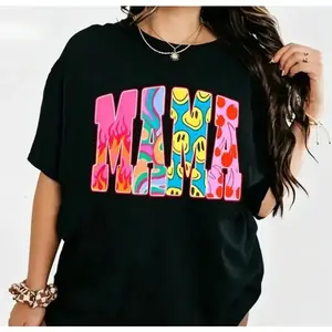 Color Block MAMA Graphic T-Shirt, Multi Pattern Letter Design Flames Camo Smiley Dots, Casual Daily Short Sleeve Tee