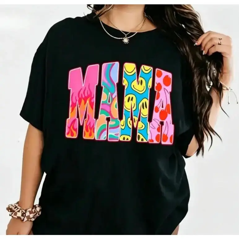 Women's Color Block 'MAMA' Graphic Tshirt - Short Sleeve, Round Neck, Fitted Cut Sports Top with Unique Letter Prints (Flames, Camo, Smiley, Polka Dot) in Black & White for Casual, Streetwear Use, All Seasons Sports & Outdoor Clothing, Sporty Chic