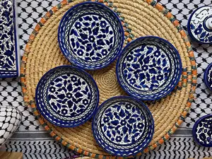 Set of 4 Palestine Pottery Flat Bowl Blue Floral 15 cm Design Handmade Made in Palestine خزف مصنوع في فلسطين