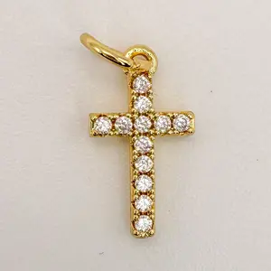 18K Gold Tiny Cross Charm Filled Clear CZ Religious Cross Mini Charm in Gold Size 15.8x8.8mm