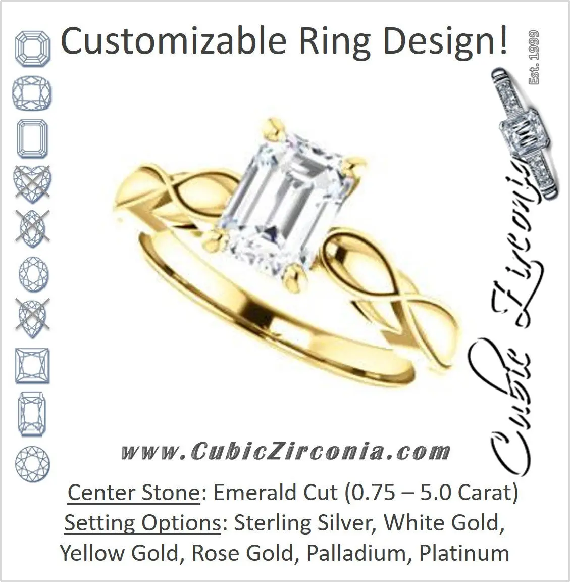 Cubic Zirconia Engagement Ring- The Jime (Customizable Cathedral-Raised Emerald Cut with Thick Infinity-Scalloped Band & Peekaboo Accents)