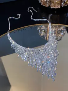 Fashion Exaggerated Personalized Trendy Necklace Spring New Rhinestone Fringe Pendant, Instagram Design Sensation Jewelry, Elegant Rhinestone Necklace