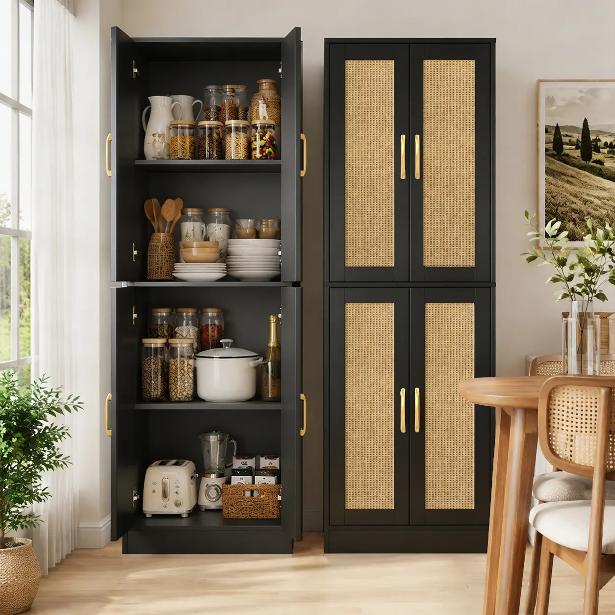 Modern Pantry Cabinet with 4 Rattan Doors and 2 Adjustable Shelves,Storage cabinets with Gold Handles,Versatile Storage for Laundry Room, Living Room, Bathroom, Dinning Room, Utility Room Apartment Furniture Organizer