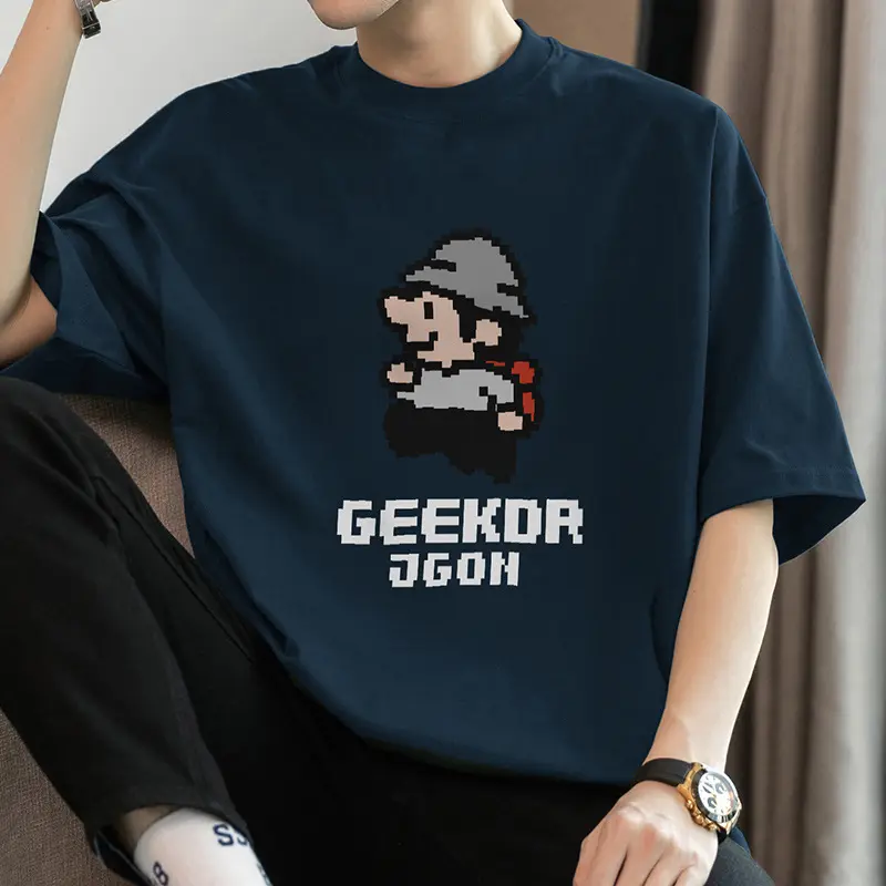260g heavy weight pure cotton short-sleeve t-shirt for men, loose fit, round neck, trendy brand, pixel print, all-cotton half-sleeve