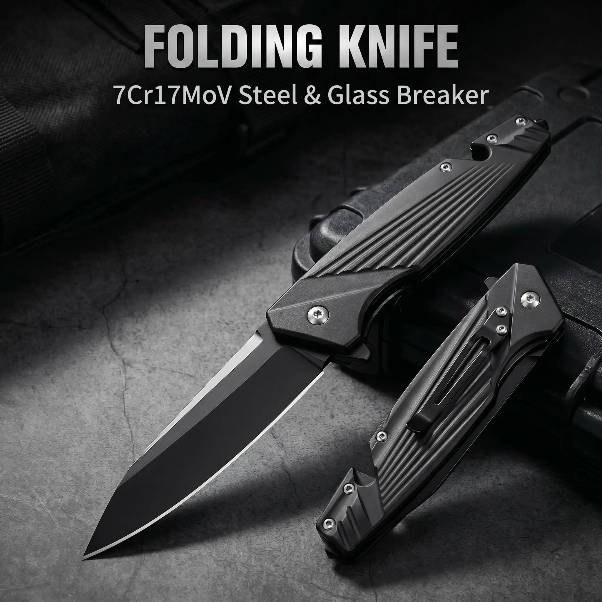 Folding EDC Knife with Stacked Pockets - 3.15-in 7Cr17MoV Stainless Steel Blade, Non-Slip Aluminum Handle, Glass Breaker, Safety Belt Cutter - Ideal for Outdoor Survival Gear