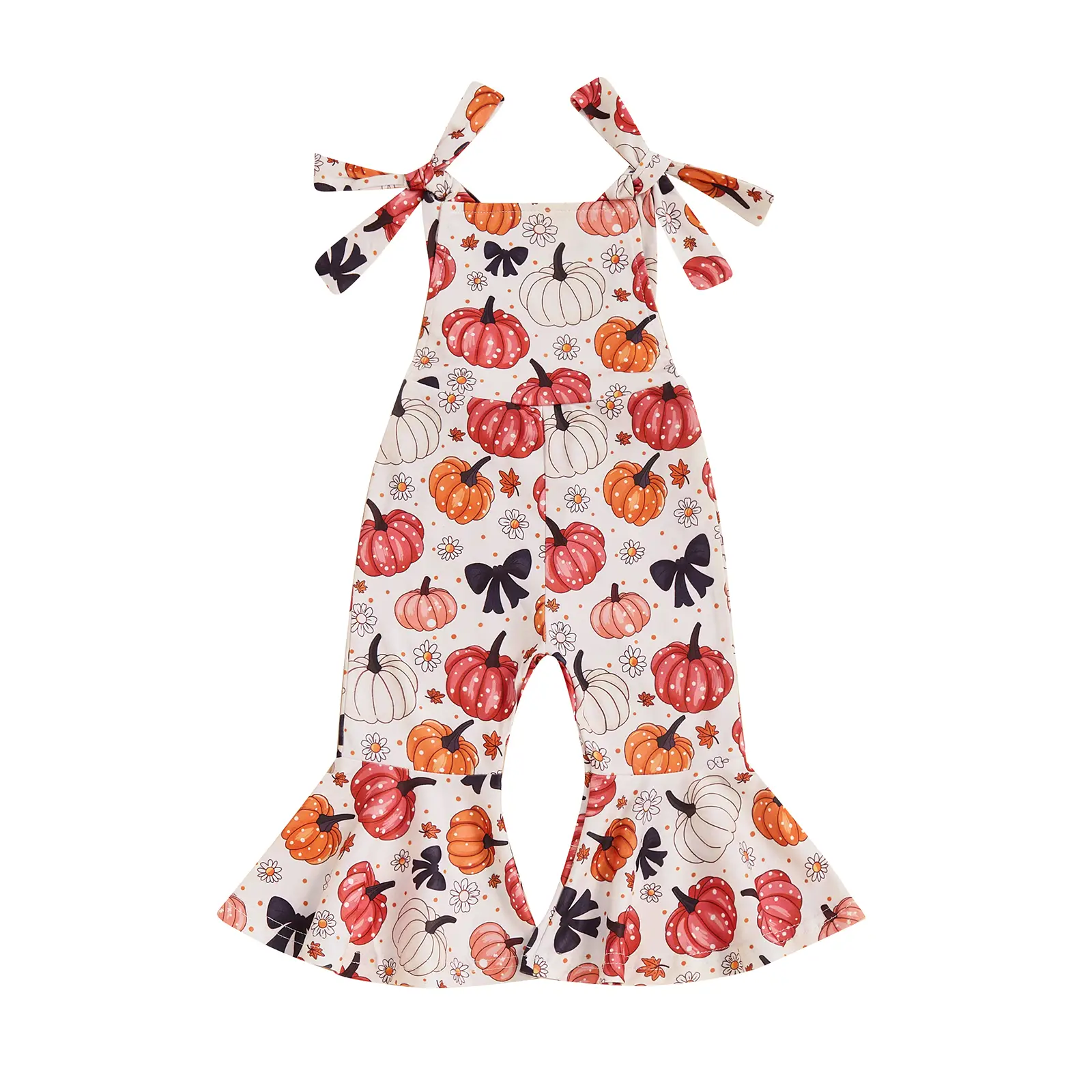Baby Girl Halloween Jumpsuit Sleeveless Tie Strap Pumpkin Floral Print OverallsToddler Bell Bottoms