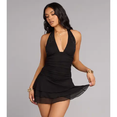 Flirty Glam Rhinestone Floral Mesh Ruffle Romper