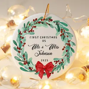 Personalized First Christmas Acrylic Ornament Married, Engaged, Together Mr & Mrs Keepsake Botanical Wreath Elegant Wedding Gift 2025