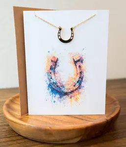 Horseshoe Charm Necklace - Lucky Horseshoe Pendant Necklace Western Jewelry Gift for Her or Him Cowgirl Equestrian Horse Lover Gift With Greeting Card
