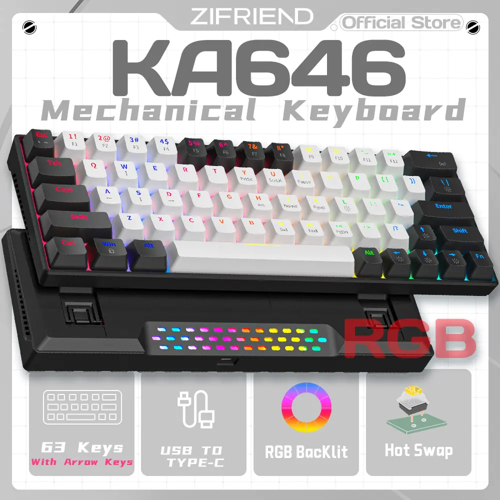 ぴいぃページ ZIFRIEND KA646 63 Keys Mechanical Wired 60% Layout Mini Gaming ABS