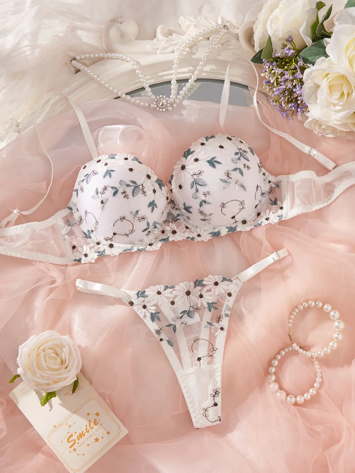 2-Piece Set Bra and Panties, Floral Embroidery Push-Up Bras, Romantic Date Night Lingerie, 3D Flower Design, Medium Support, Underwear Sets
