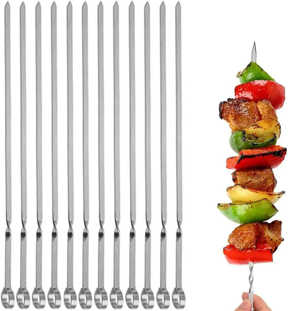 12PCS Kabob Skewers Flat Metal BBQ Barbecue Skewers 16" Long Hook Style Stainless Steel Shish Kebob Sticks Wide Sharp Reusable Grilling Skewers Set for Meat Shrimp Chicken Vegetable, 12 Pack