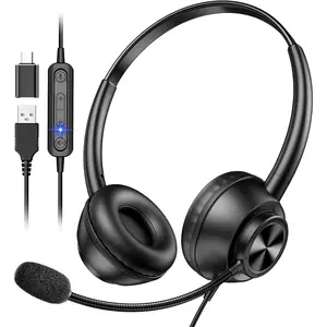 USB Headset with Microphone for PC,  Headset with Mic, Wired Headset with USB-A & Type-C, Mute, In-Line Controls Call Center Headphone for Work PC Laptop Office Phone Meeting Zoom Skype