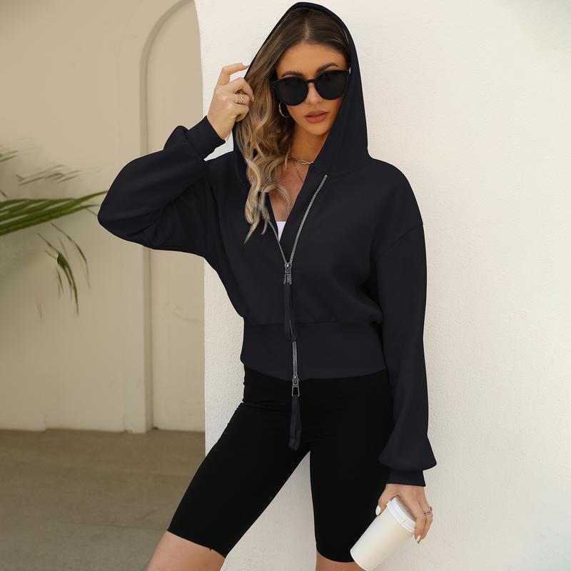 Yimoon Cropped Hoodie Women Zip Up Long Sleeve Sweatshirts Casual Fashion Hooded Workout Jacket Crop Top