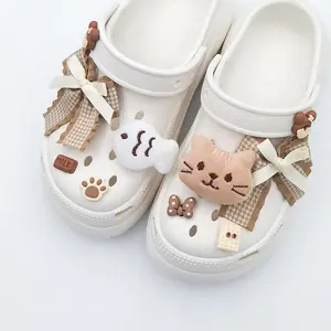 Kawaii Plush Cat & Plaid Ribbon Shoe Charms Brown Kitty Milk Cookie Paw Charm Set for Clog Sandals Decoration Soft Cuddly Material Perfect Gift